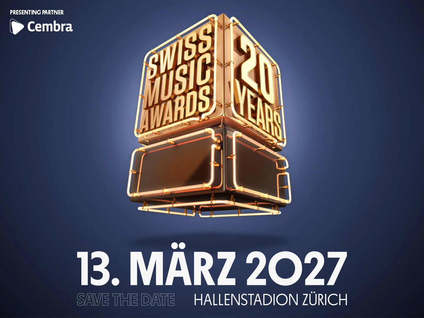 Save the Date: Swiss Music Awards, 20 Years, 13. März 2027, Hallenstadion Zürich. Presenting Partner Cembra